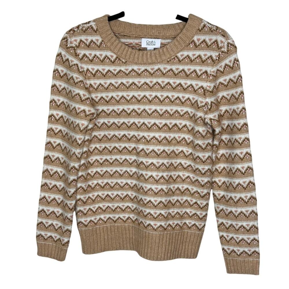 Croft & Barrow Brown Pink White Fair Isle Sweater Long Sleeve Crewneck Winter XS